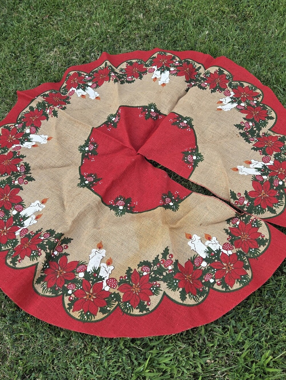 Swedish Burlap Christmas Tree Skirt jute Round Poinsettia mushrooms Vintage flaw